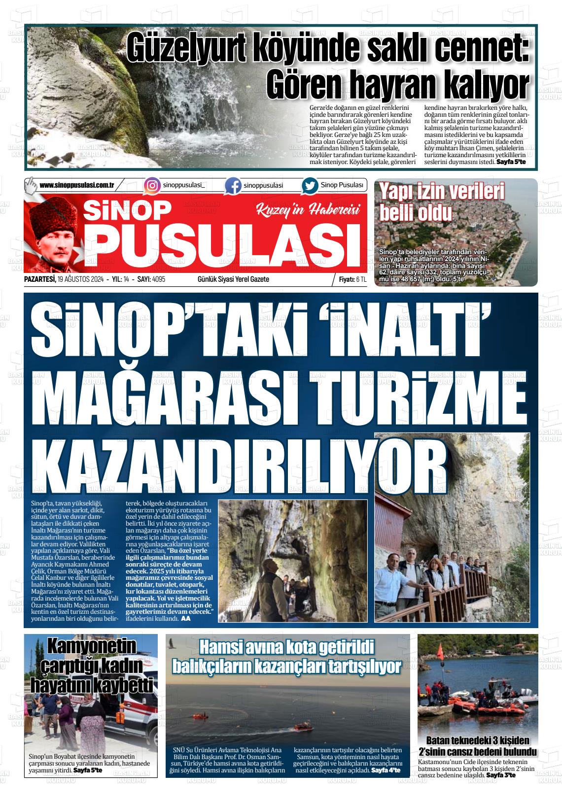 19 Ağustos 2024 Sinop Pusulası Gazete Manşeti