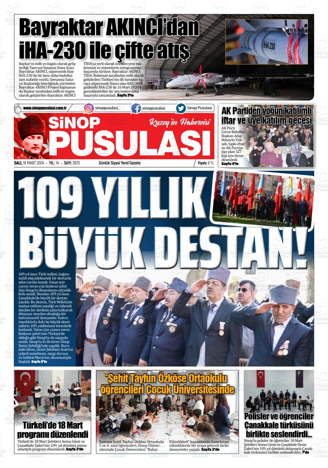 19 Mart 2024 Sinop Pusulası Gazete Manşeti