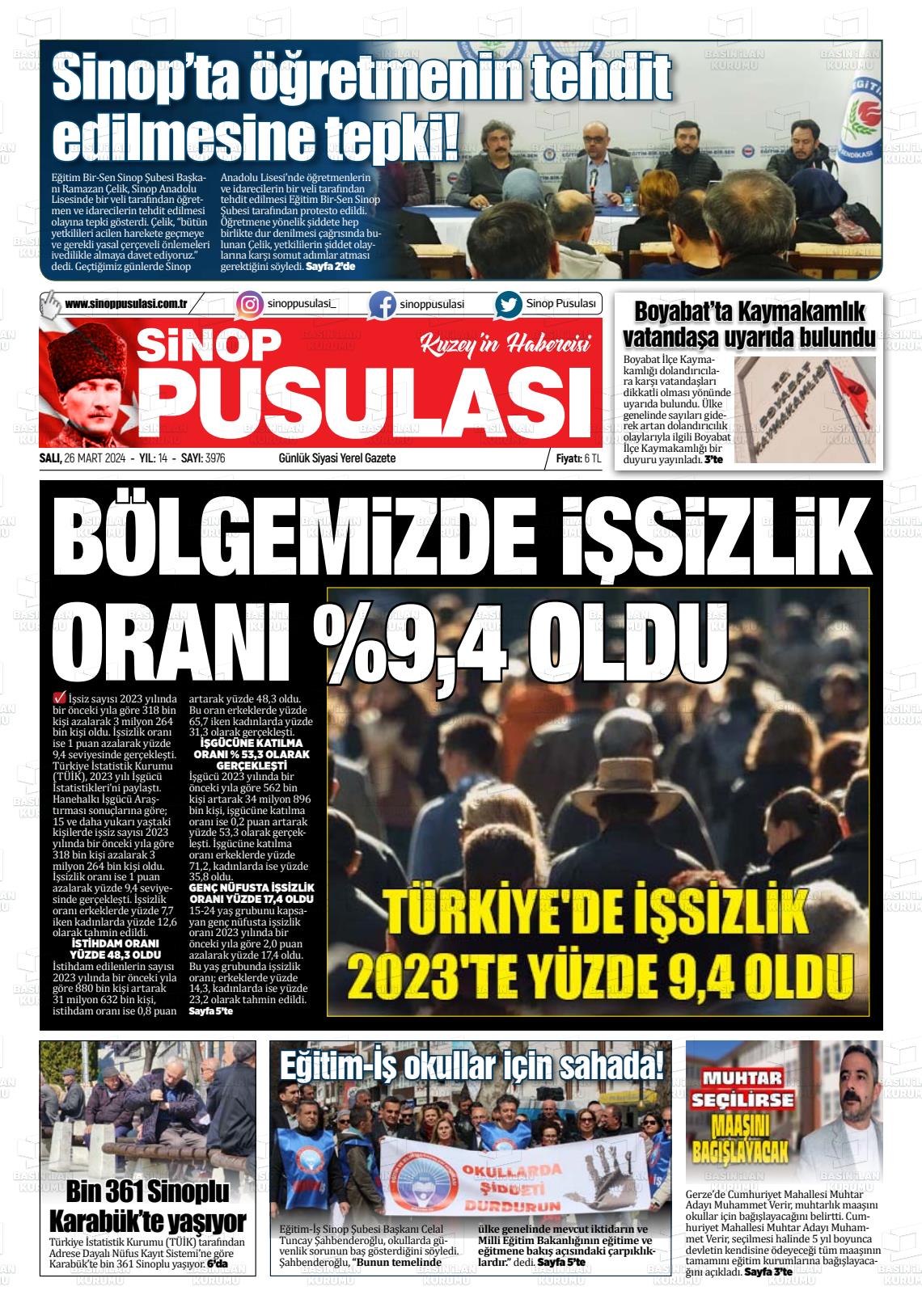 26 Mart 2024 Sinop Pusulası Gazete Manşeti