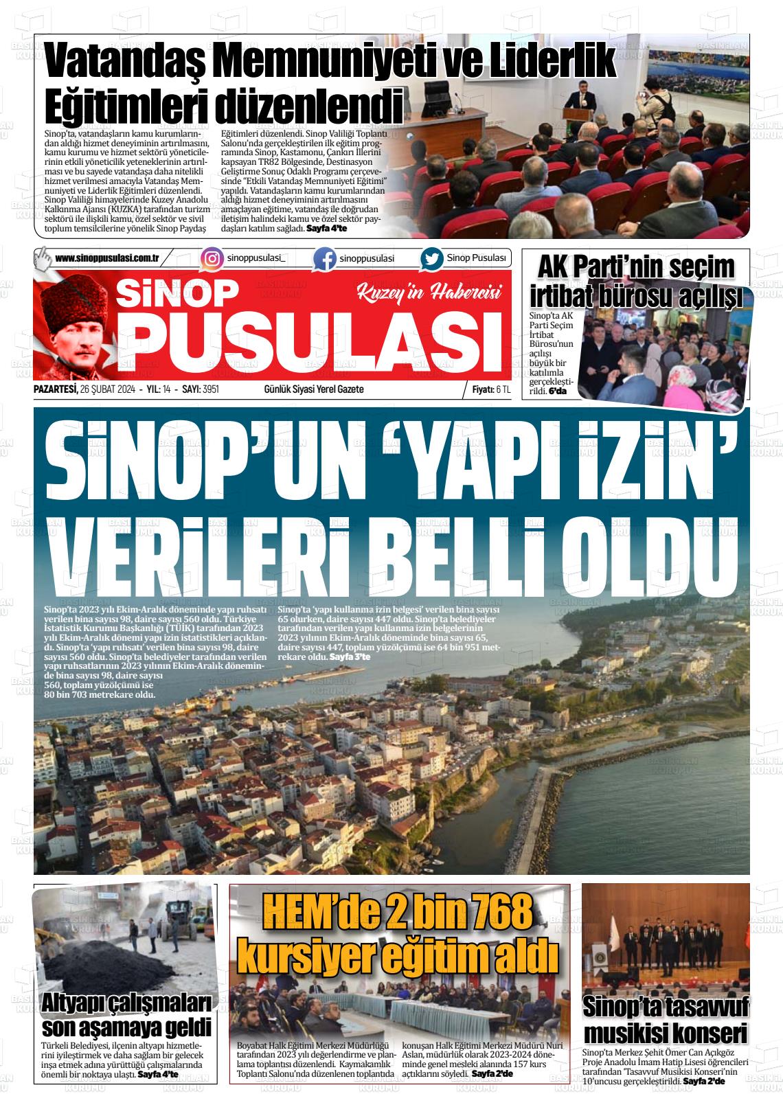 26 Şubat 2024 Sinop Pusulası Gazete Manşeti