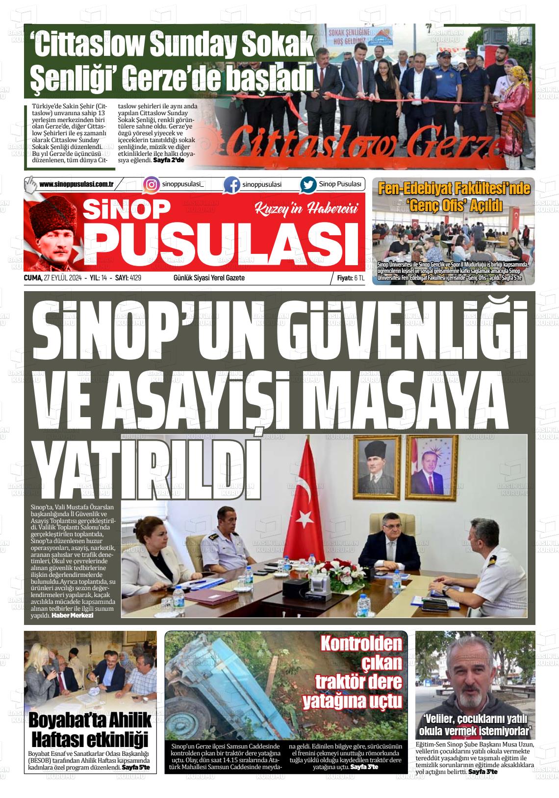 27 Eylül 2024 Sinop Pusulası Gazete Manşeti