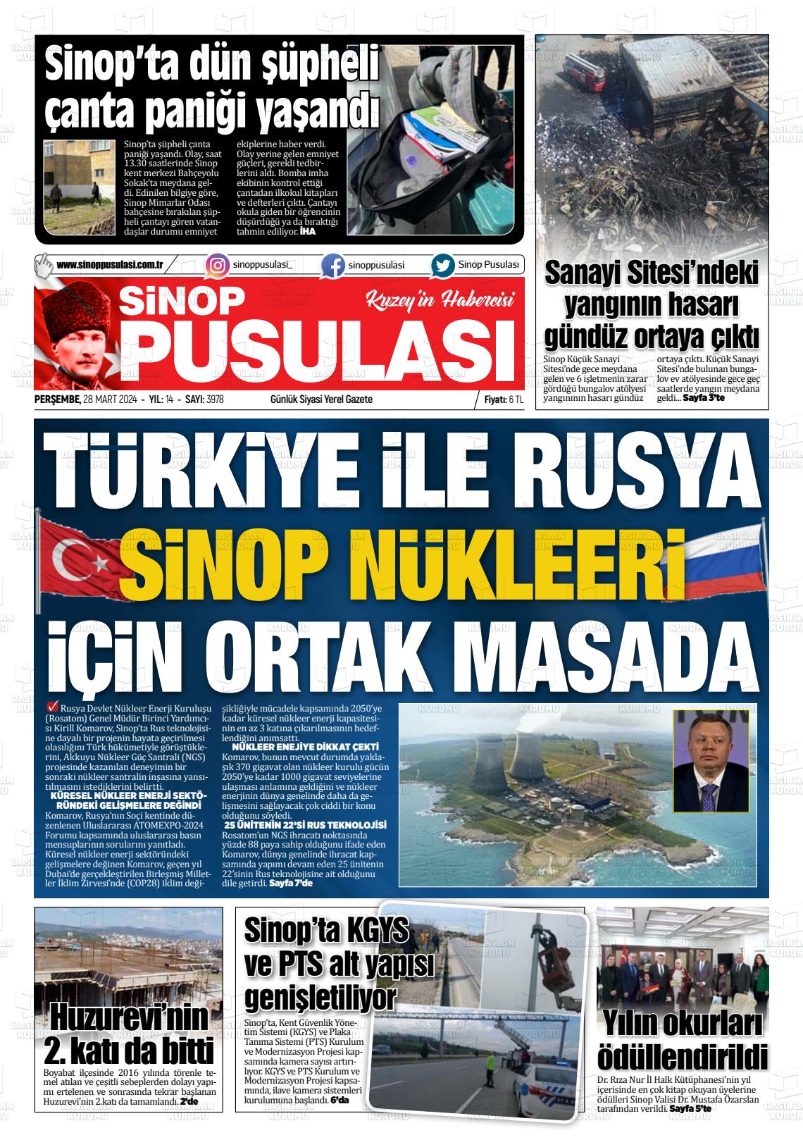 28 Mart 2024 Sinop Pusulası Gazete Manşeti