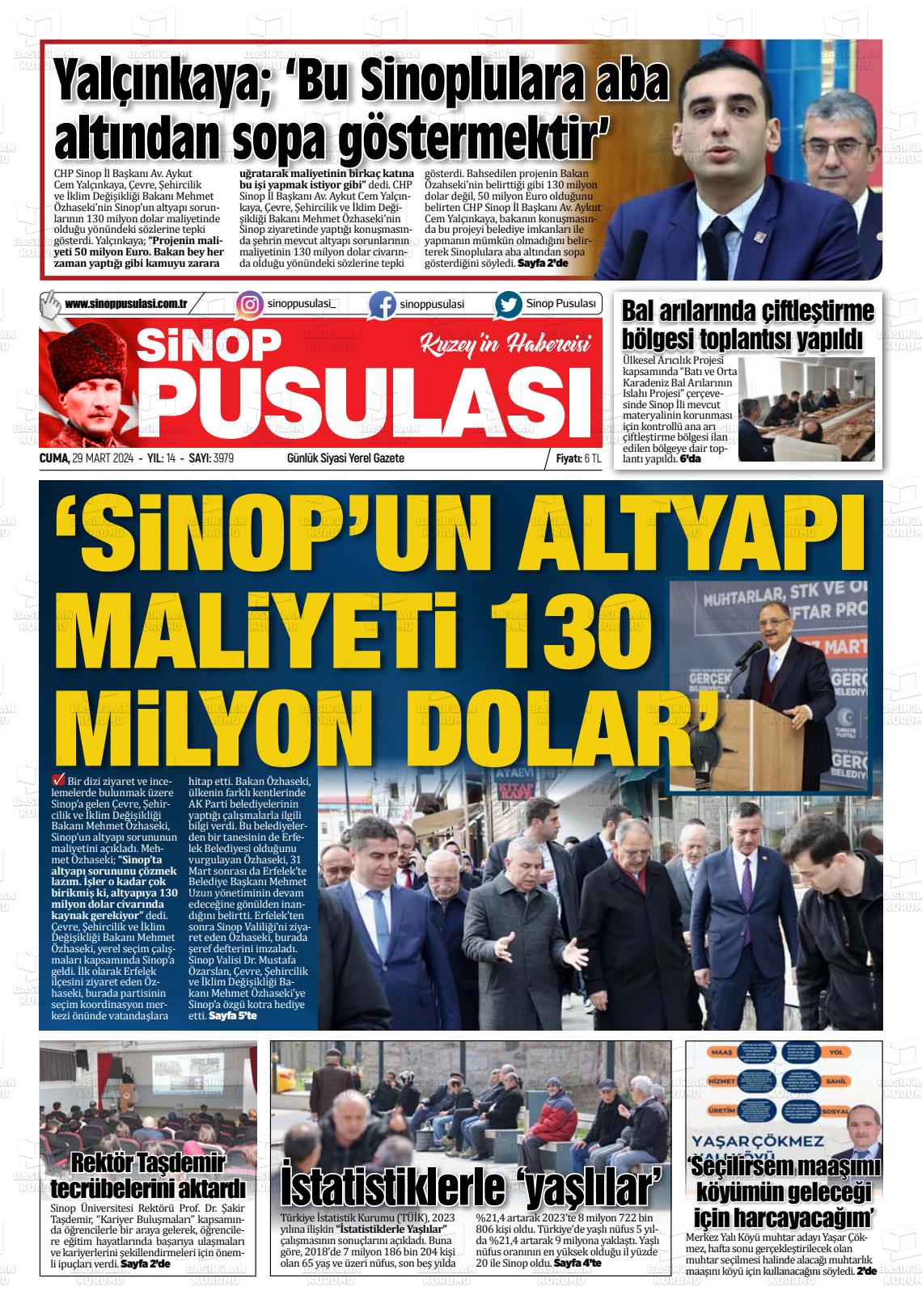 29 Mart 2024 Sinop Pusulası Gazete Manşeti