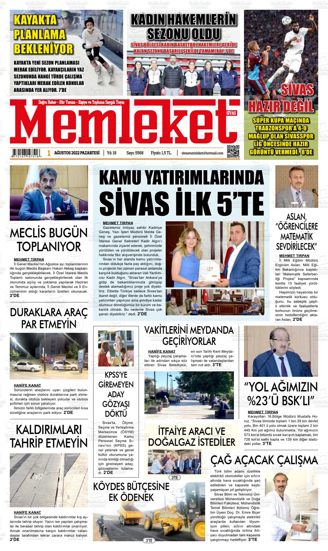 01 Ağustos 2022 Memleket Sivas Gazete Manşeti