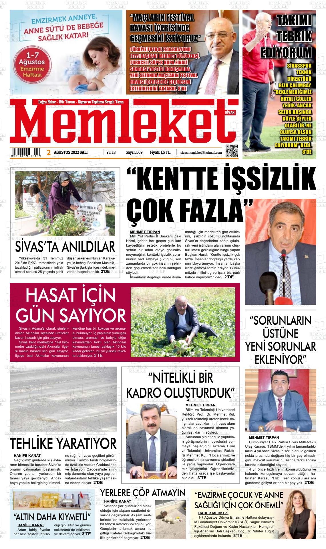 02 Ağustos 2022 Memleket Sivas Gazete Manşeti