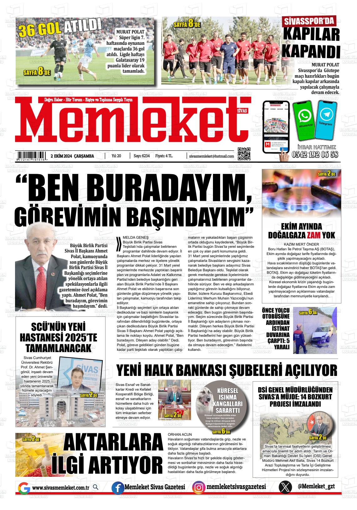 02 Ekim 2024 Memleket Sivas Gazete Manşeti