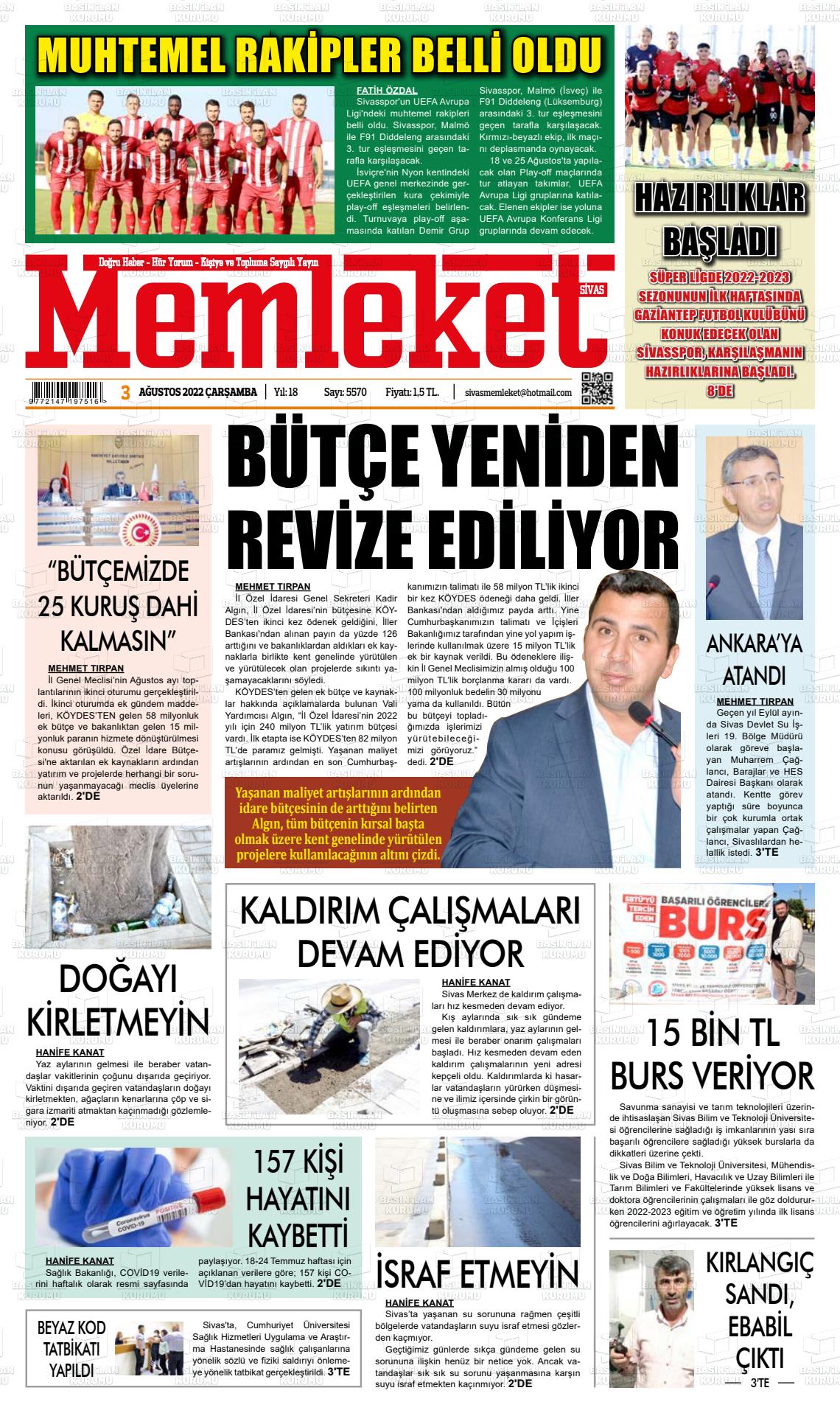 03 Ağustos 2022 Memleket Sivas Gazete Manşeti