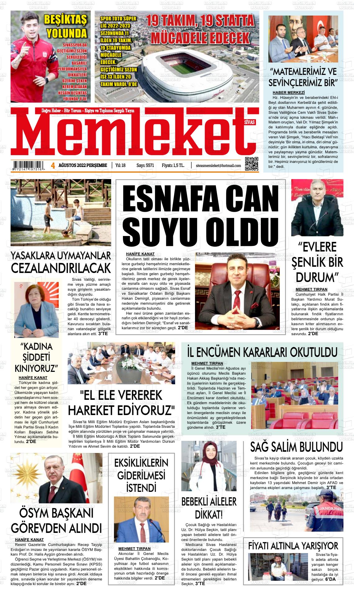 04 Ağustos 2022 Memleket Sivas Gazete Manşeti