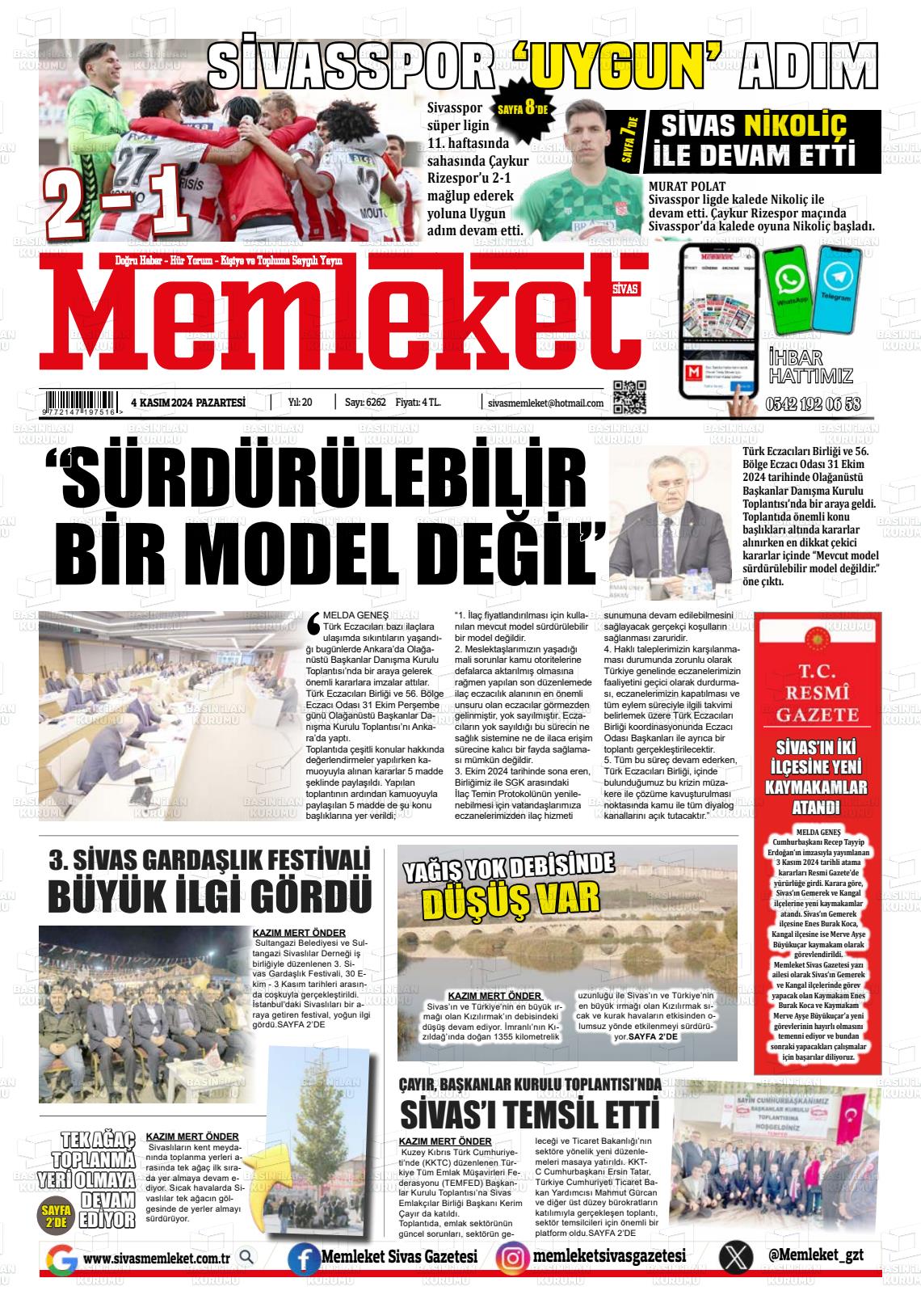 04 Kasım 2024 Memleket Sivas Gazete Manşeti