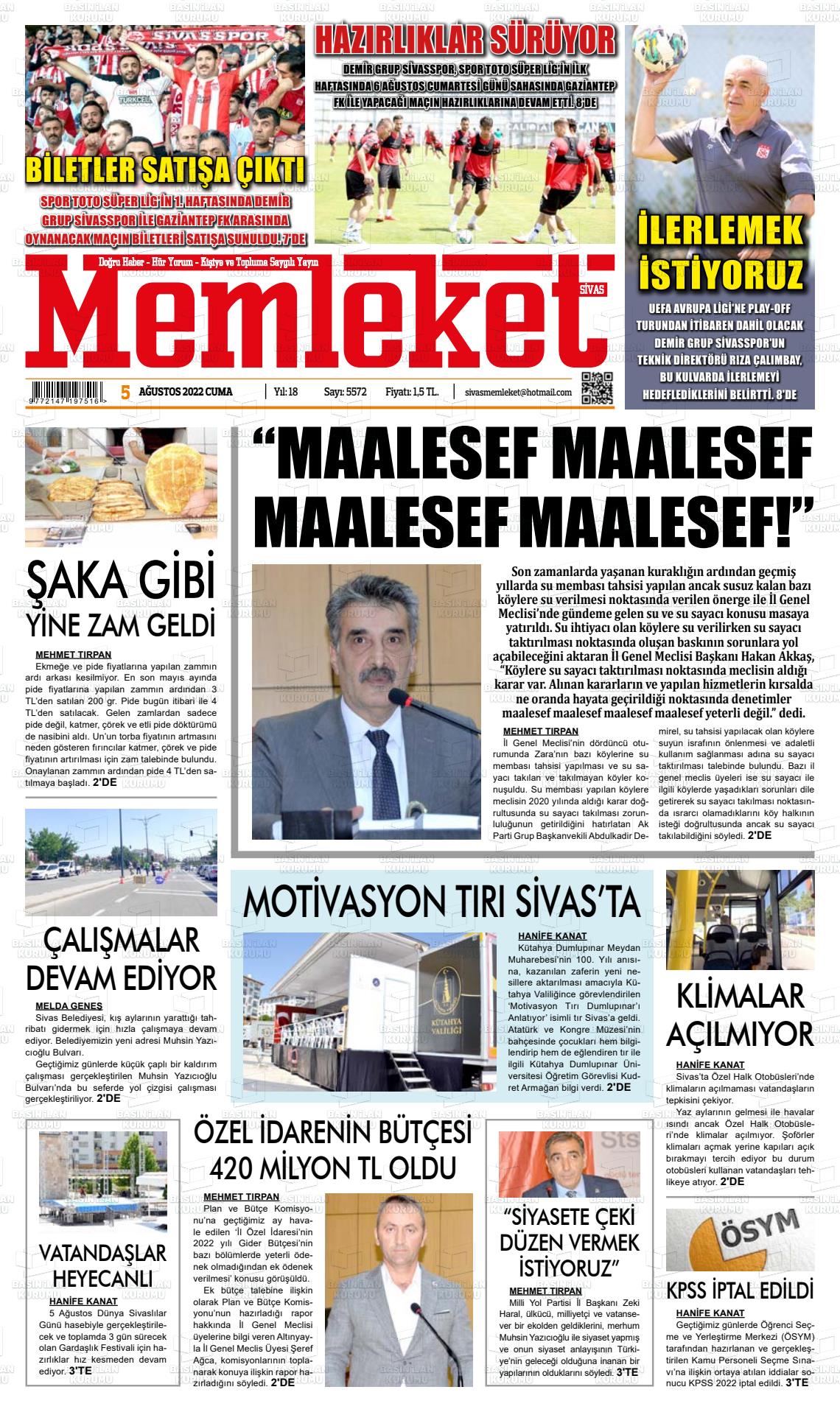 05 Ağustos 2022 Memleket Sivas Gazete Manşeti