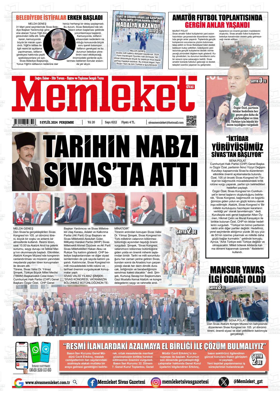 05 Eylül 2024 Memleket Sivas Gazete Manşeti