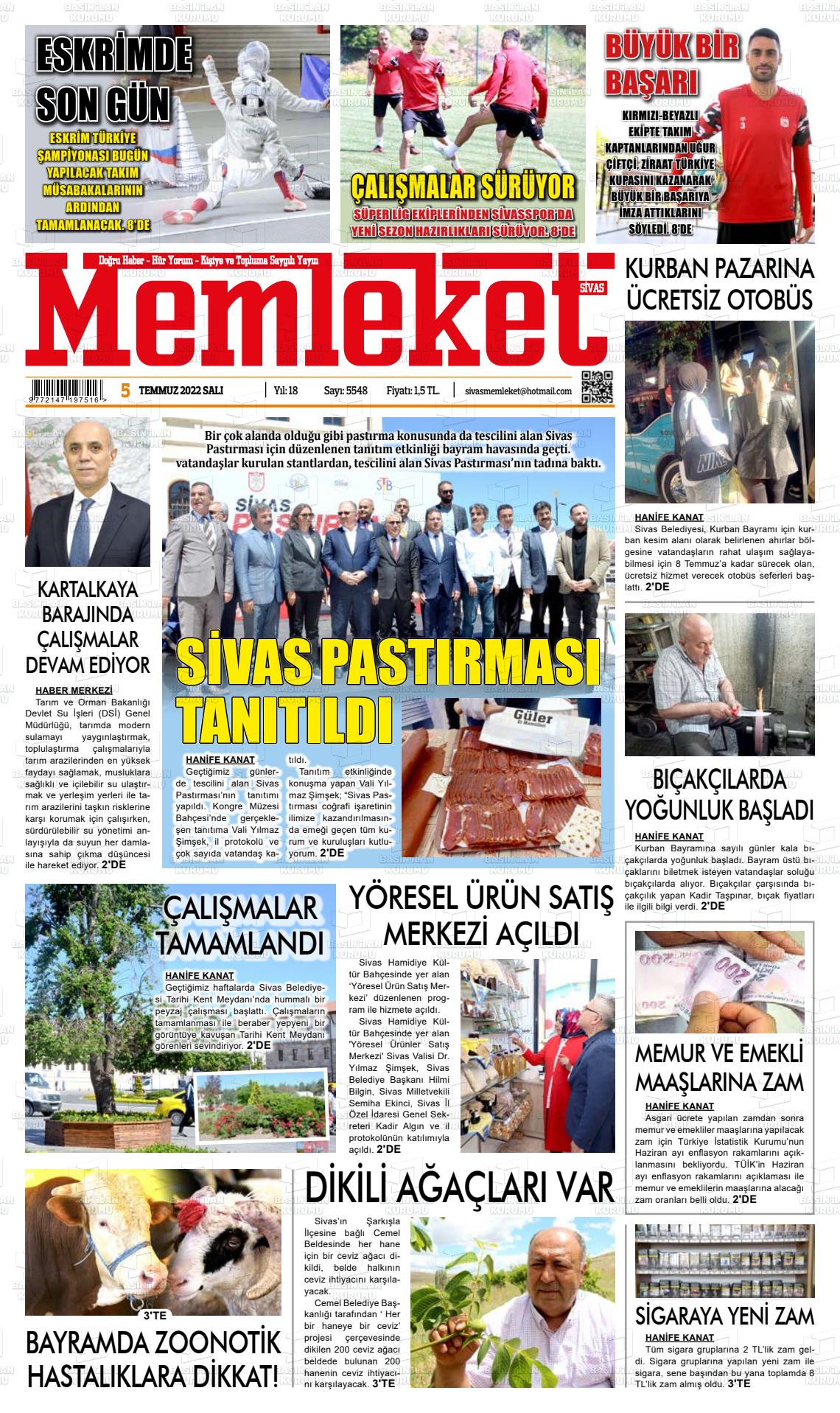 05 Temmuz 2022 Memleket Sivas Gazete Manşeti