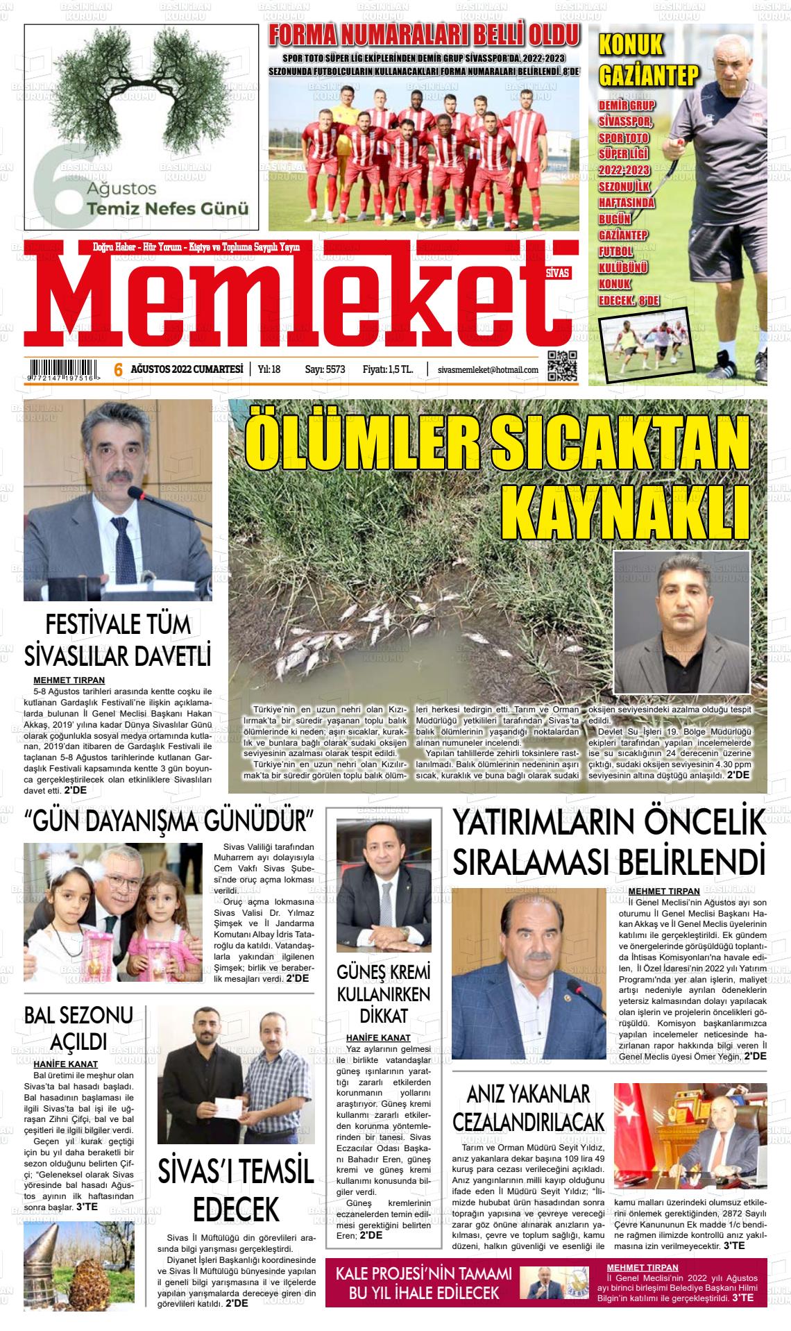 06 Ağustos 2022 Memleket Sivas Gazete Manşeti