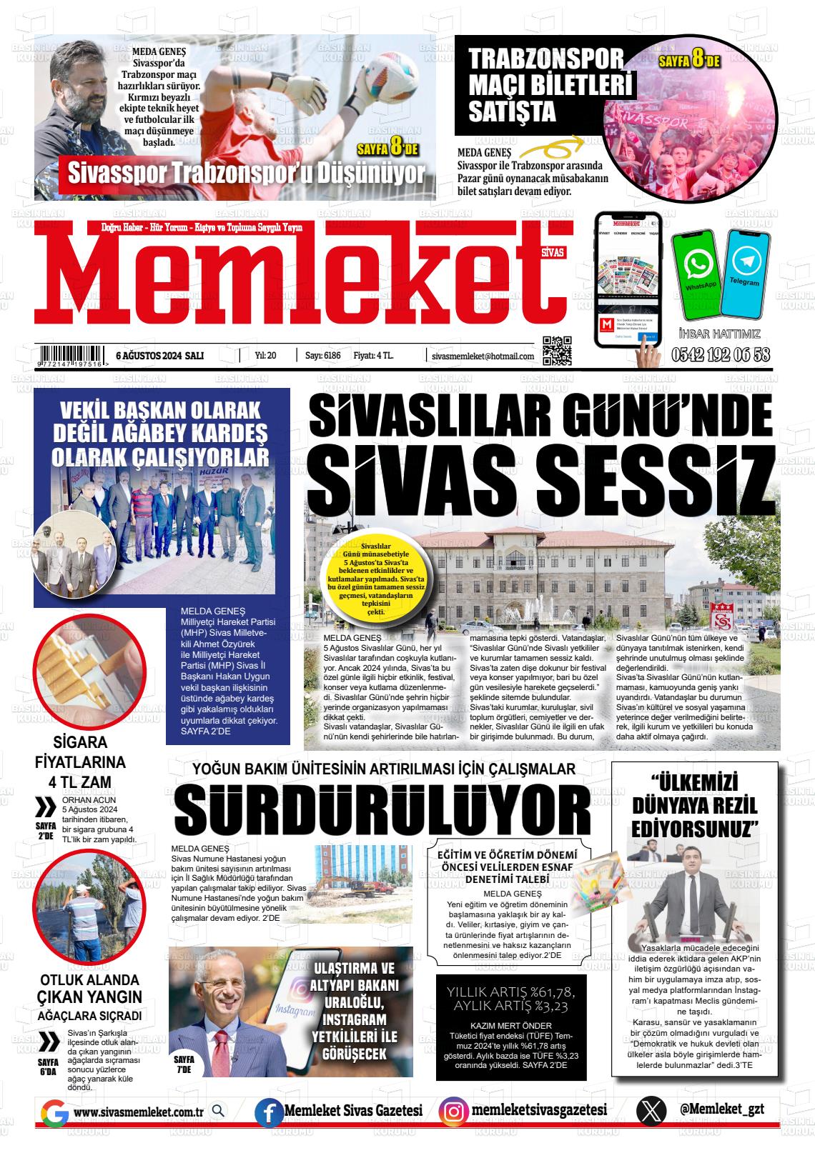 06 Ağustos 2024 Memleket Sivas Gazete Manşeti