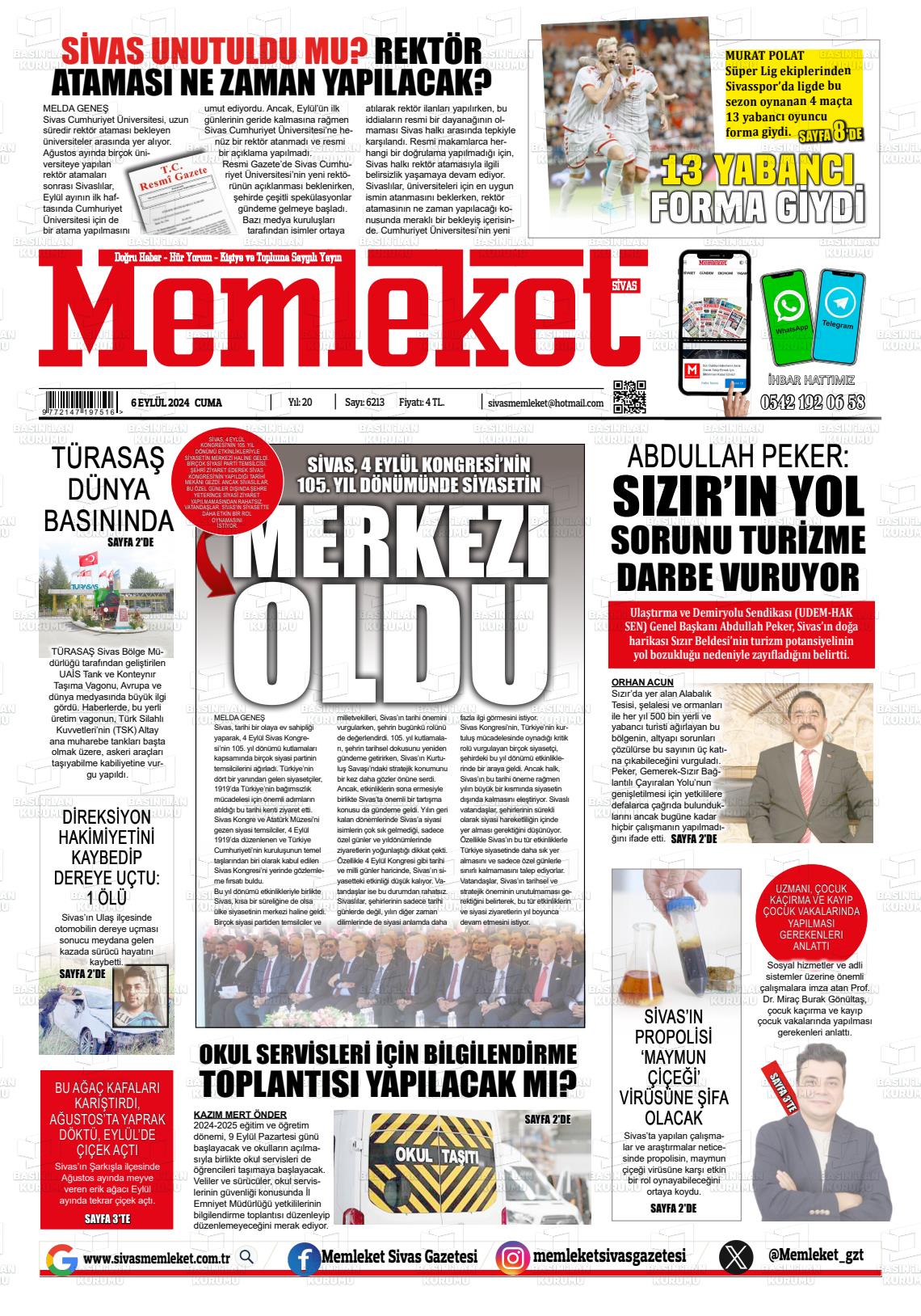 06 Eylül 2024 Memleket Sivas Gazete Manşeti