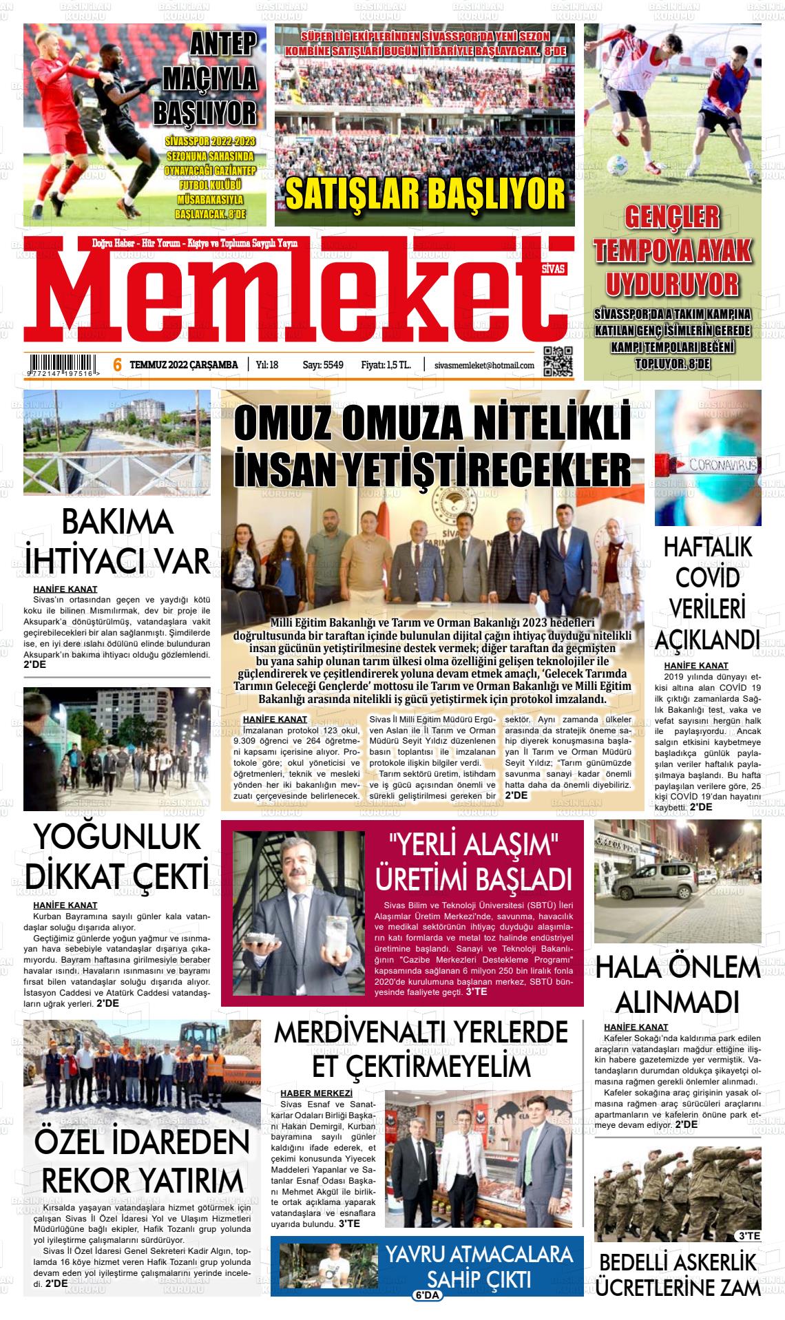 06 Temmuz 2022 Memleket Sivas Gazete Manşeti