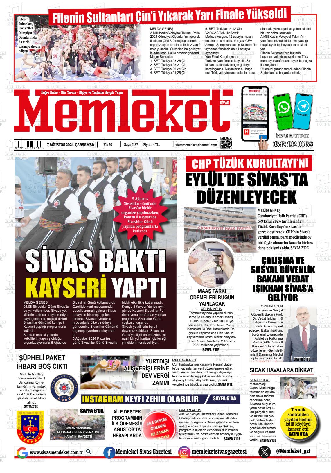 07 Ağustos 2024 Memleket Sivas Gazete Manşeti