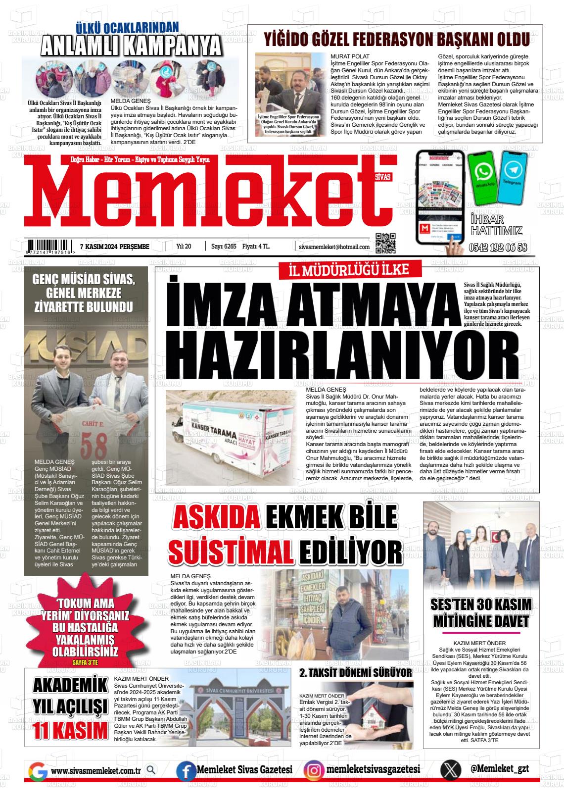 07 Kasım 2024 Memleket Sivas Gazete Manşeti