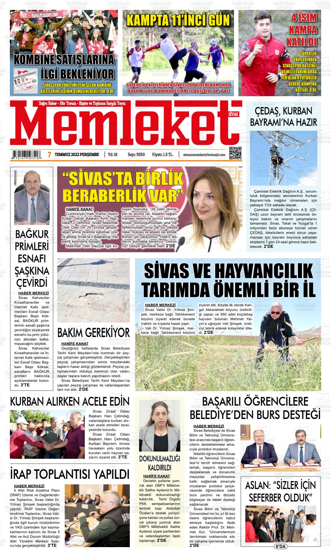 07 Temmuz 2022 Memleket Sivas Gazete Manşeti