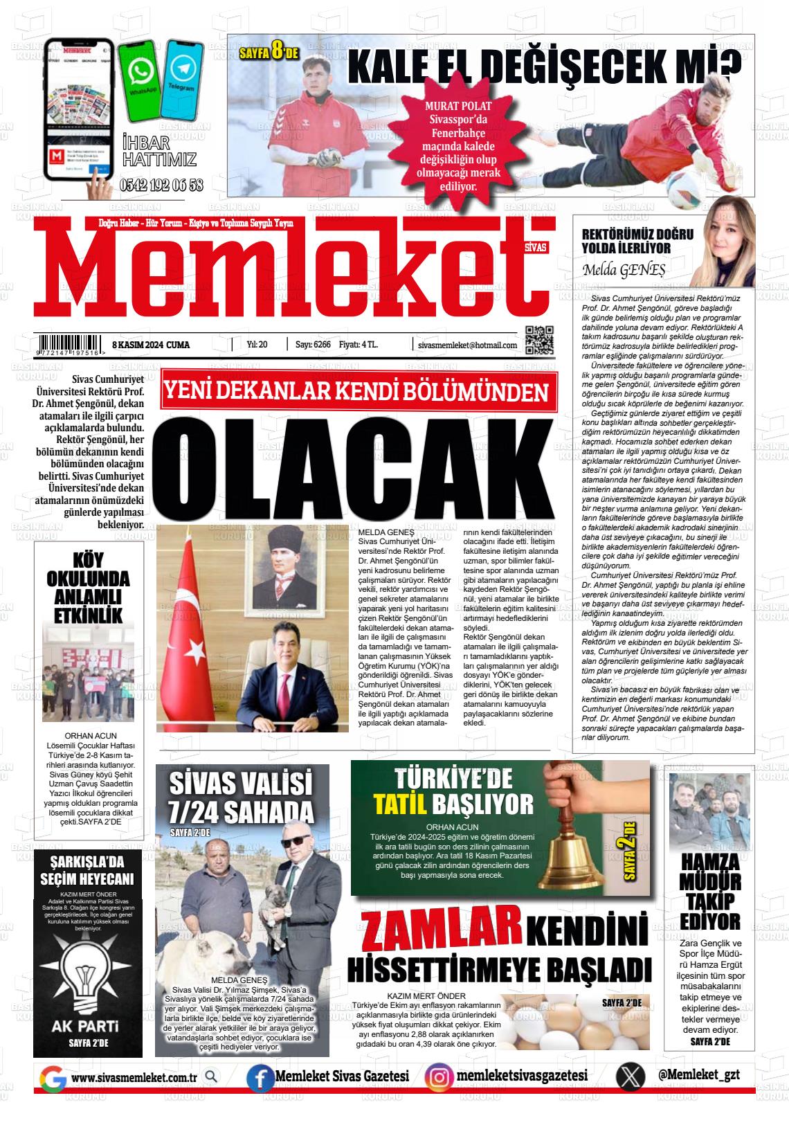 08 Kasım 2024 Memleket Sivas Gazete Manşeti