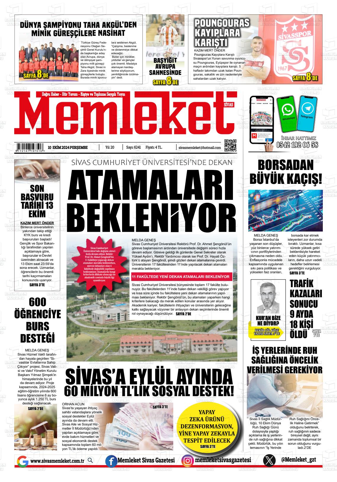 10 Ekim 2024 Memleket Sivas Gazete Manşeti