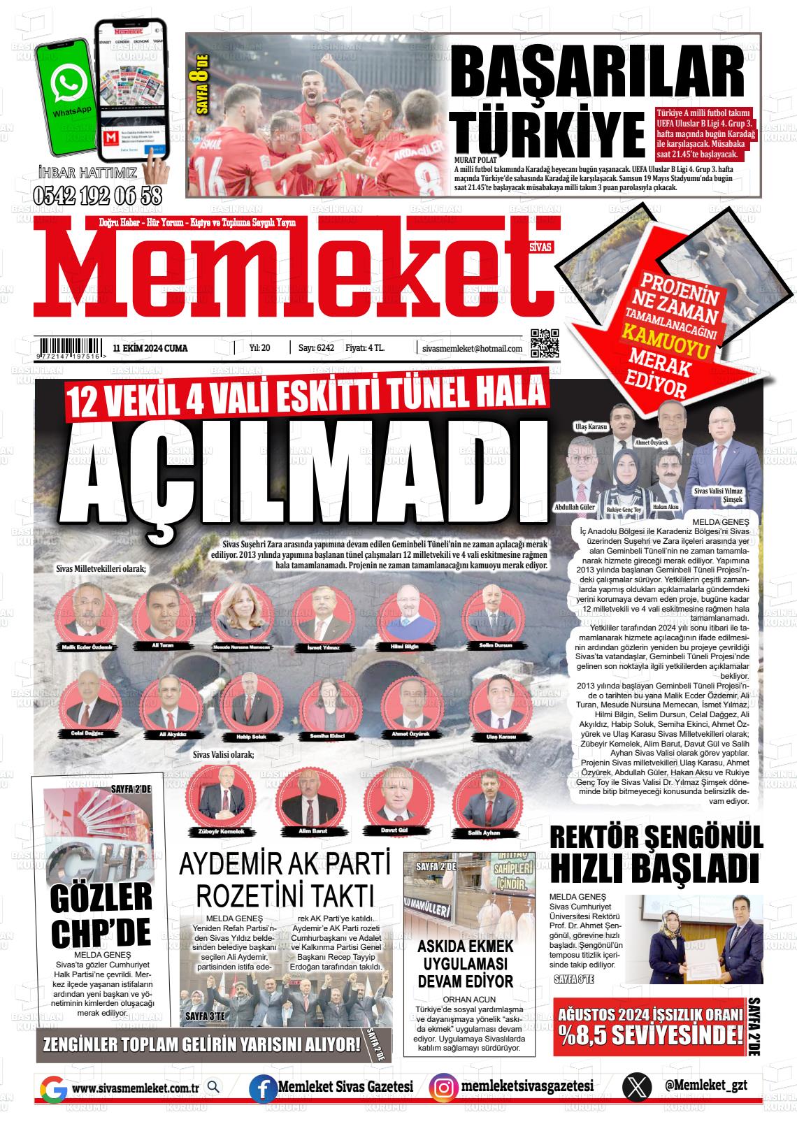 11 Ekim 2024 Memleket Sivas Gazete Manşeti