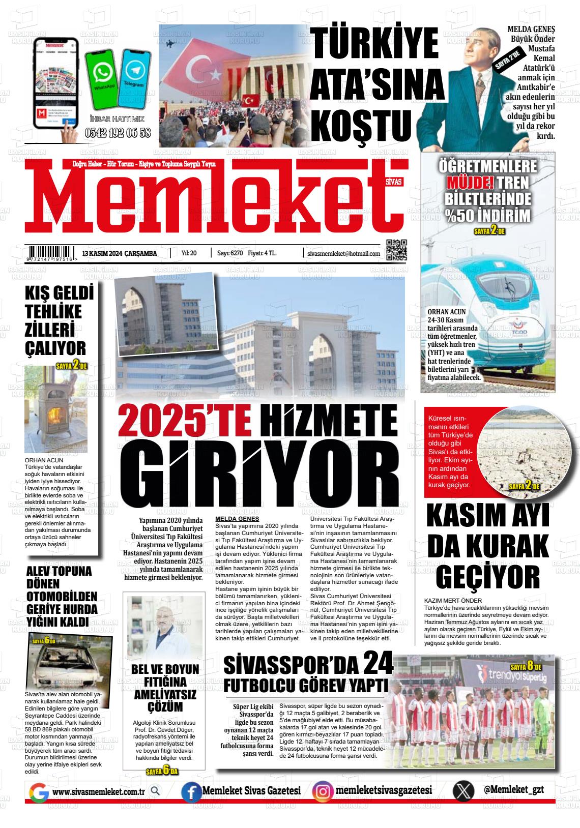 13 Kasım 2024 Memleket Sivas Gazete Manşeti