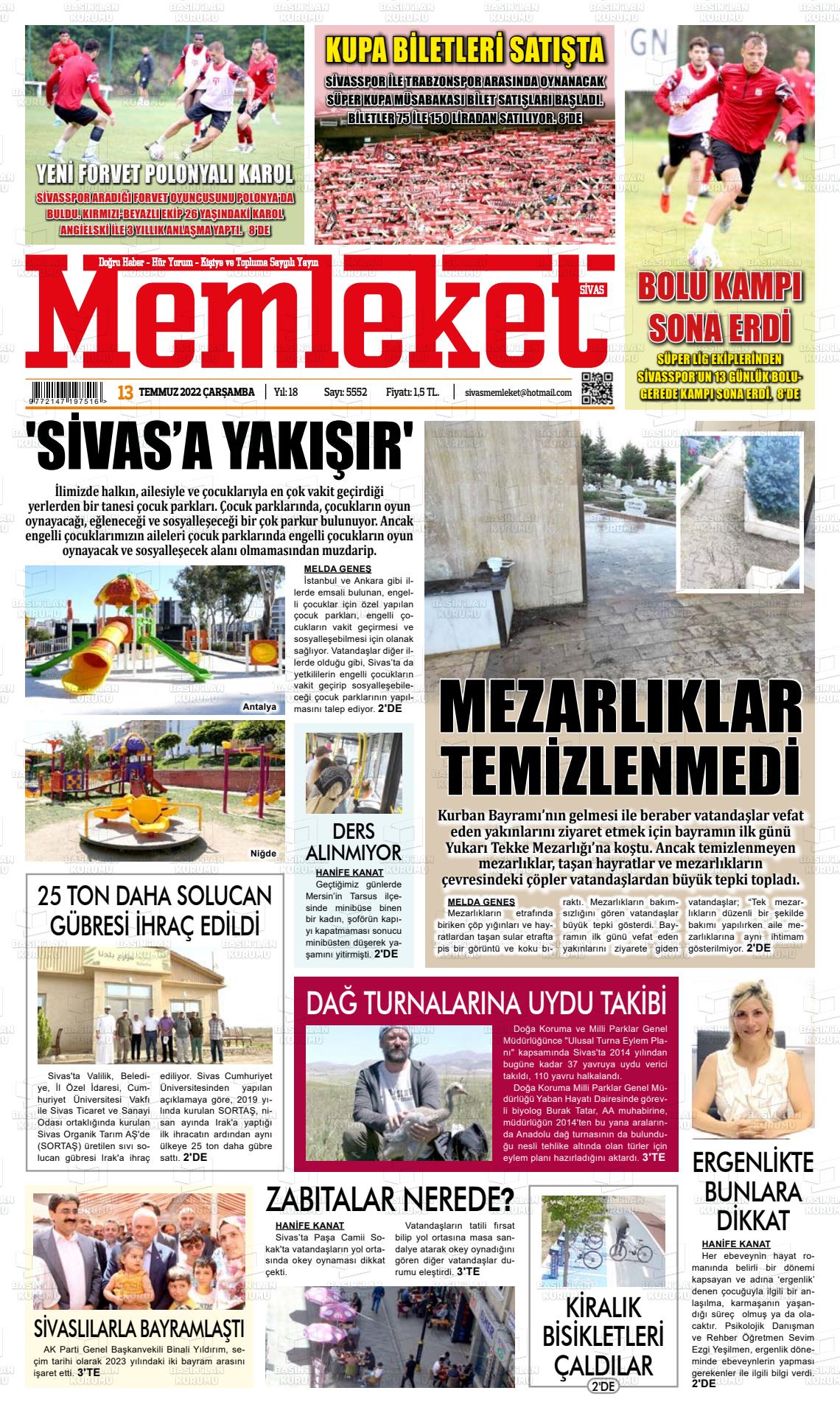 13 Temmuz 2022 Memleket Sivas Gazete Manşeti