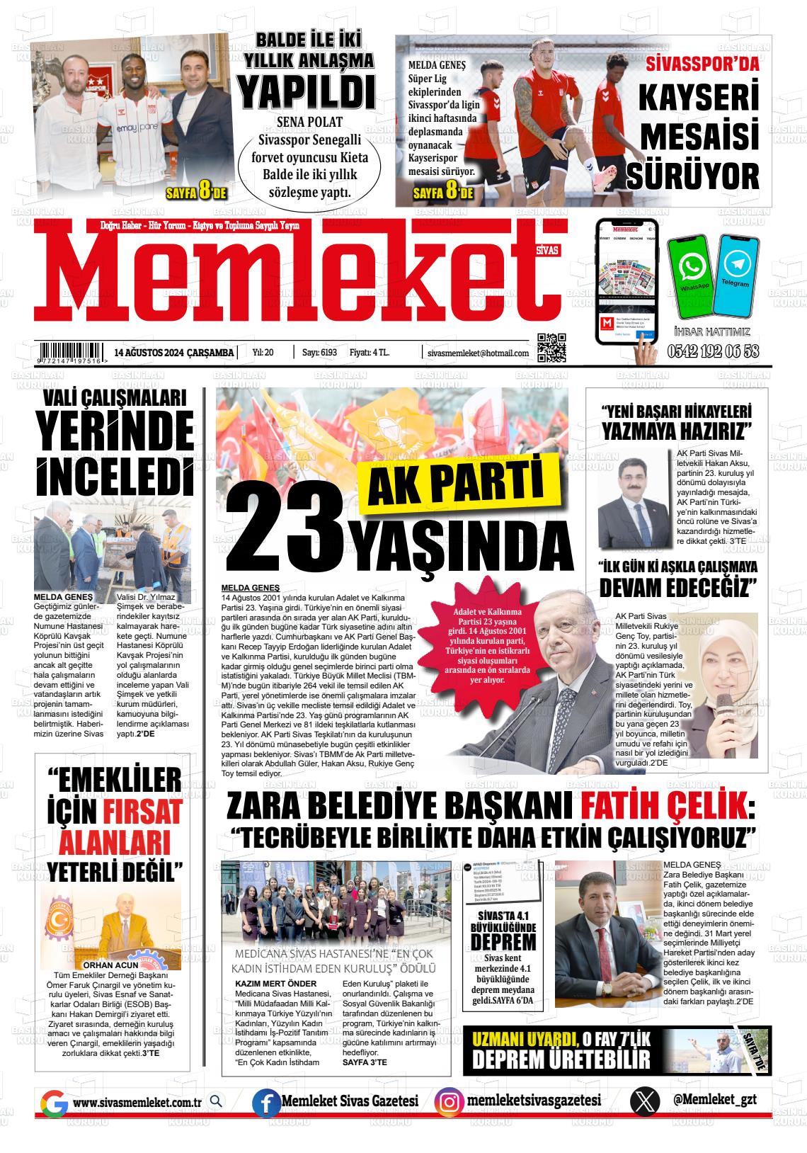 14 Ağustos 2024 Memleket Sivas Gazete Manşeti