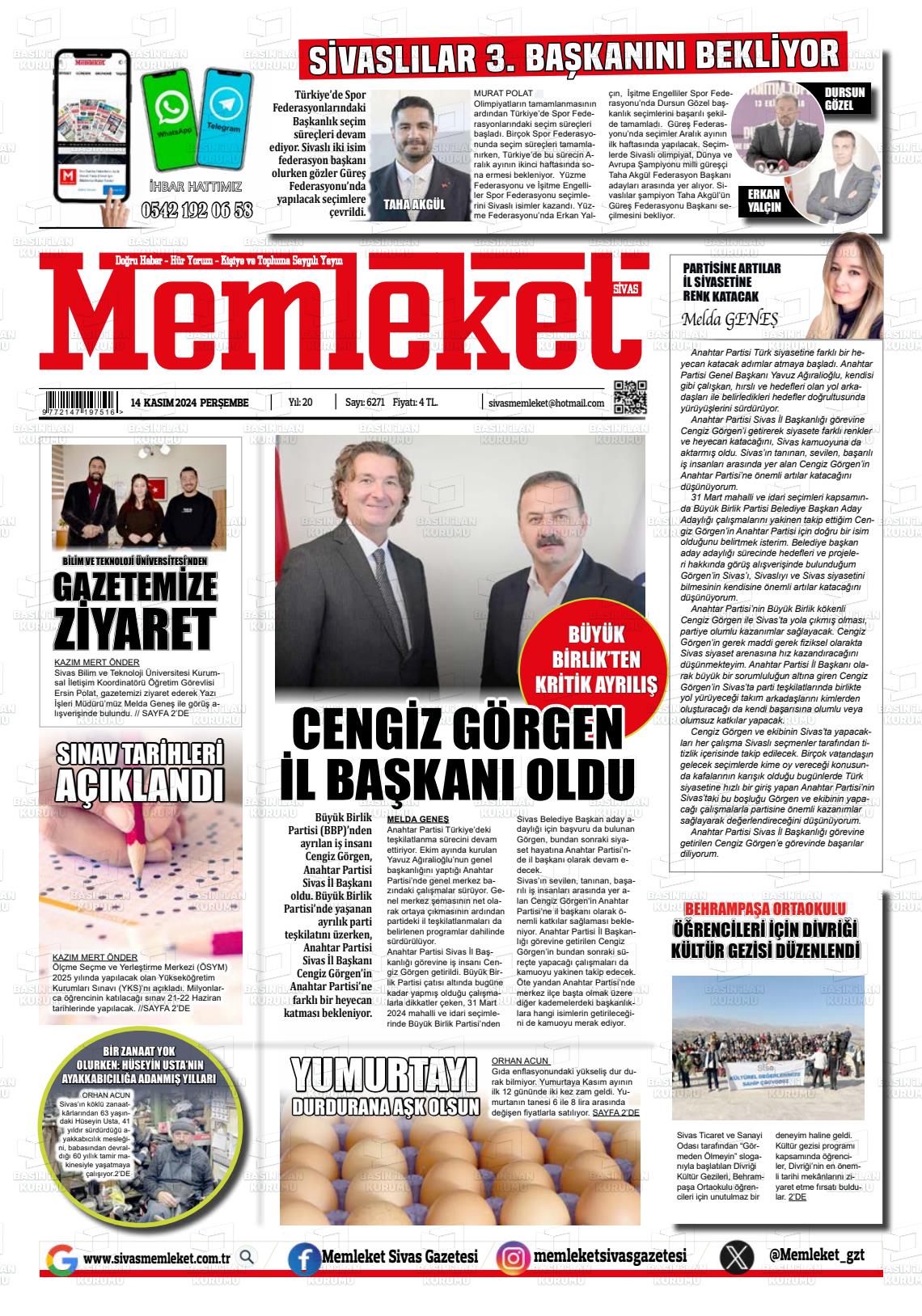 14 Kasım 2024 Memleket Sivas Gazete Manşeti