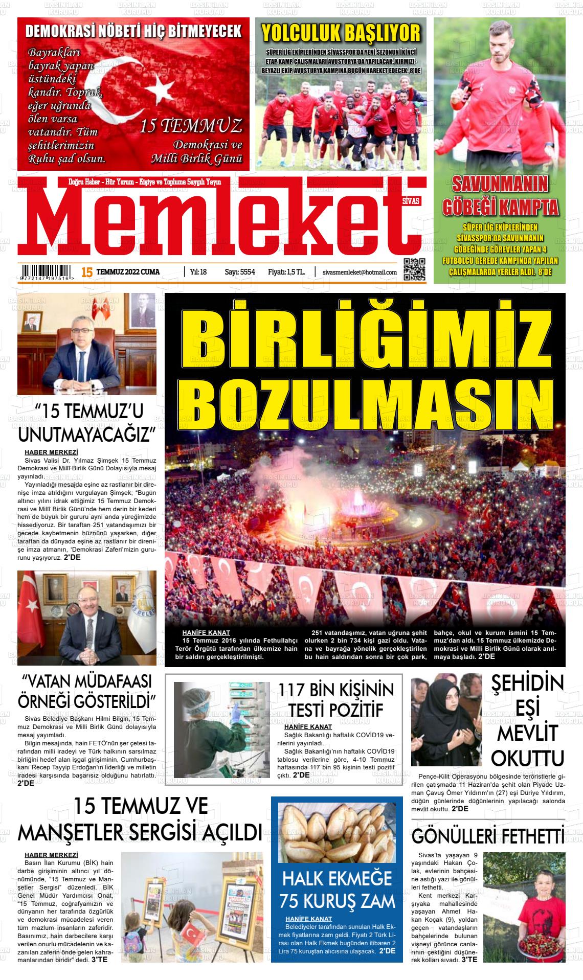 15 Temmuz 2022 Memleket Sivas Gazete Manşeti