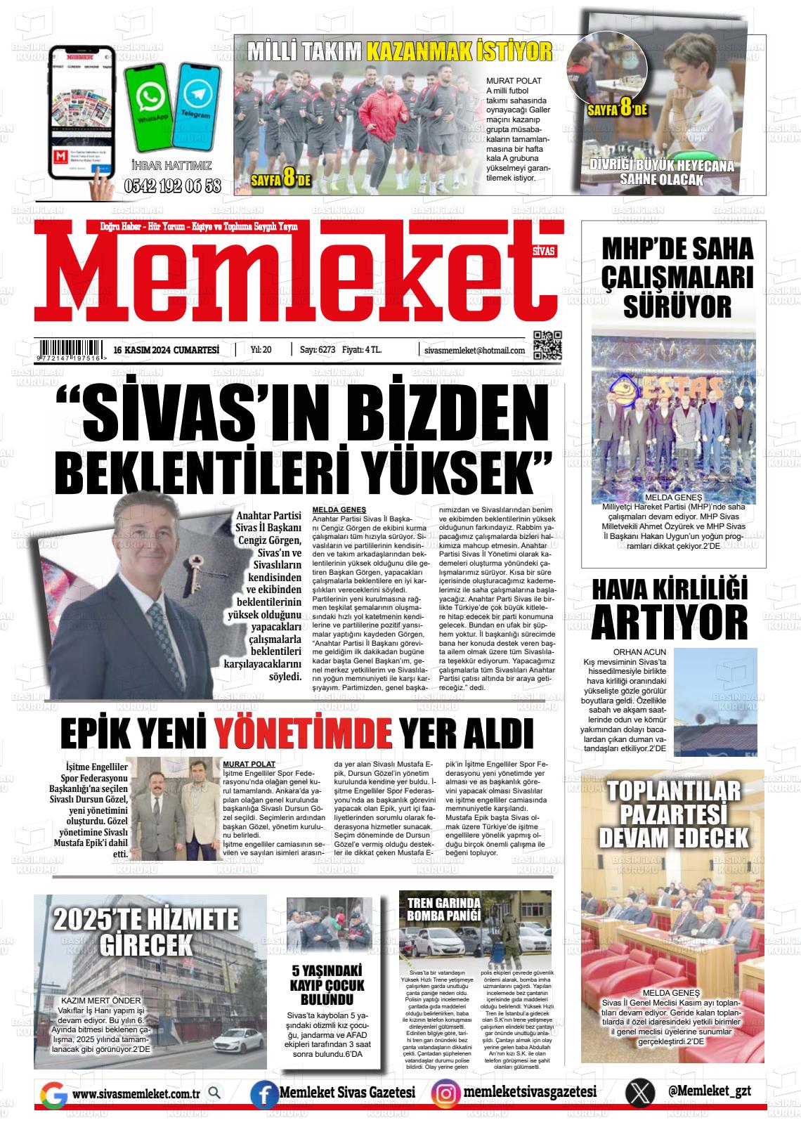 16 Kasım 2024 Memleket Sivas Gazete Manşeti