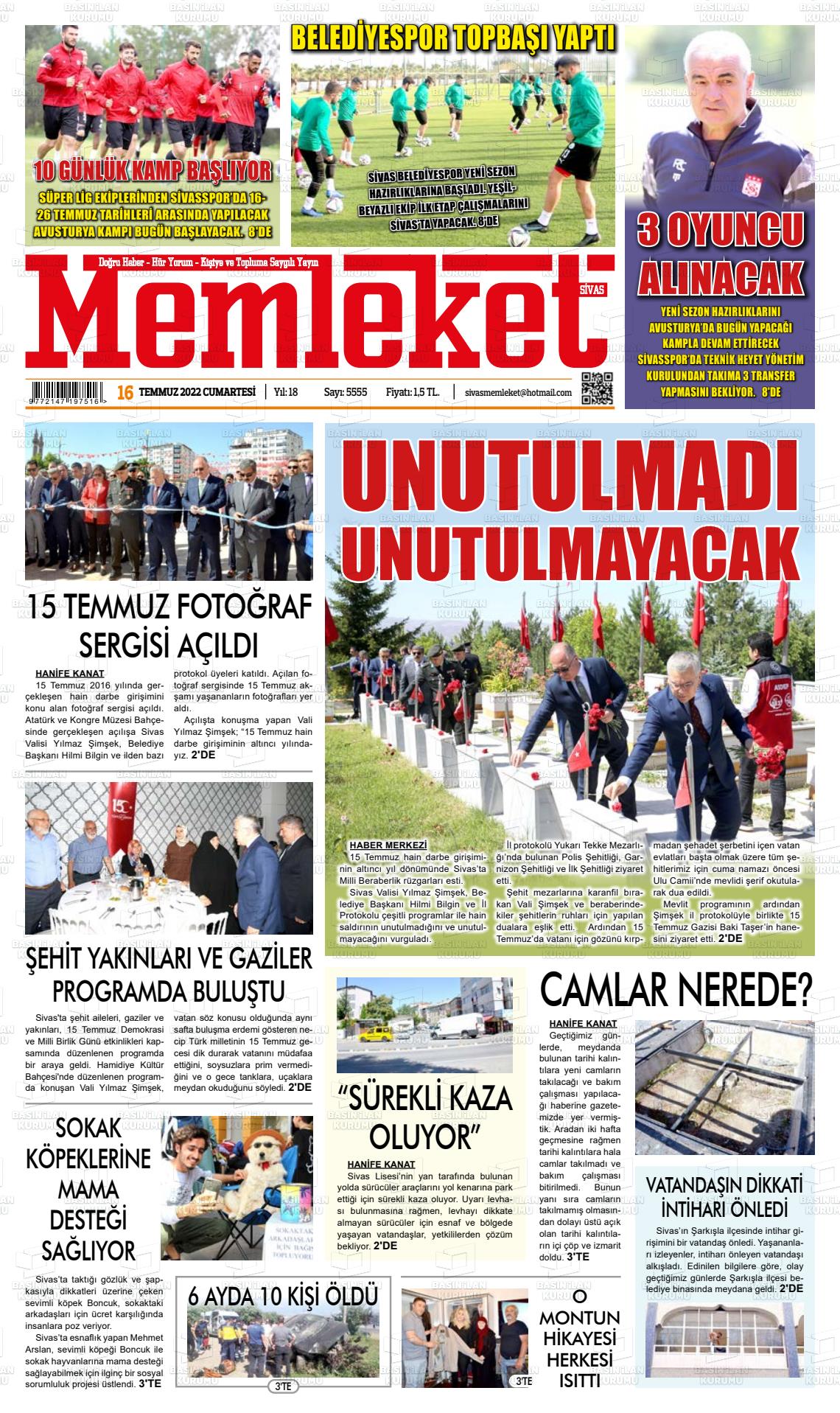 16 Temmuz 2022 Memleket Sivas Gazete Manşeti