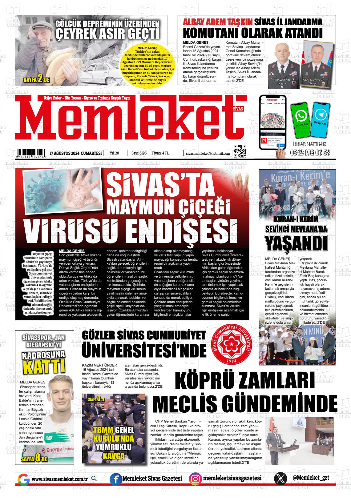 17 Ağustos 2024 Memleket Sivas Gazete Manşeti