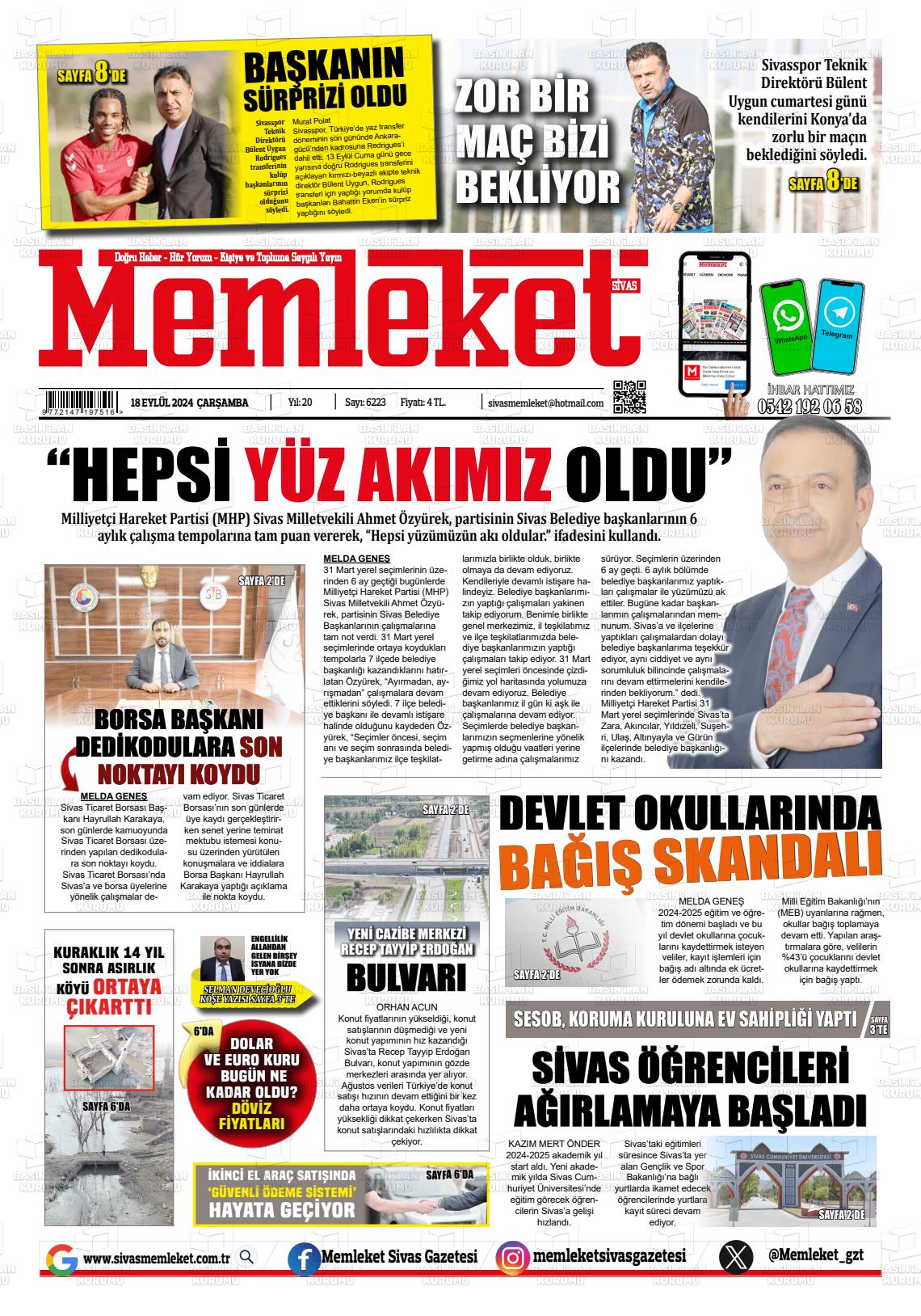 18 Eylül 2024 Memleket Sivas Gazete Manşeti