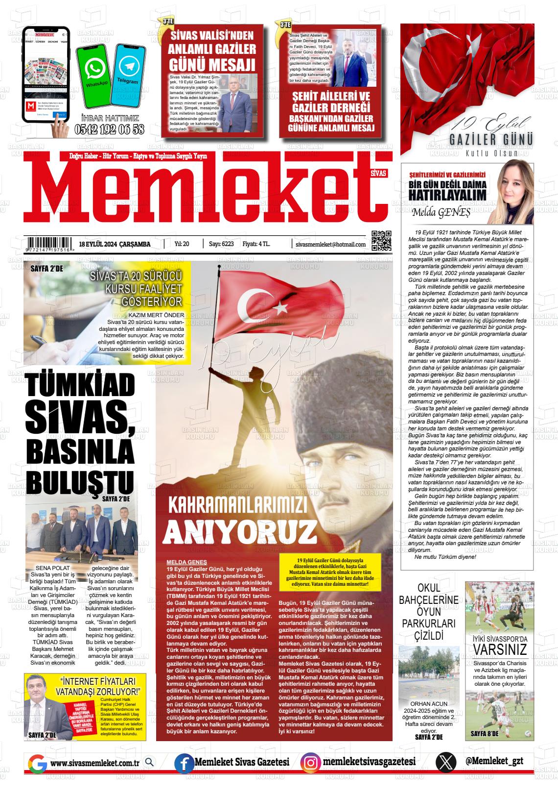 19 Eylül 2024 Memleket Sivas Gazete Manşeti