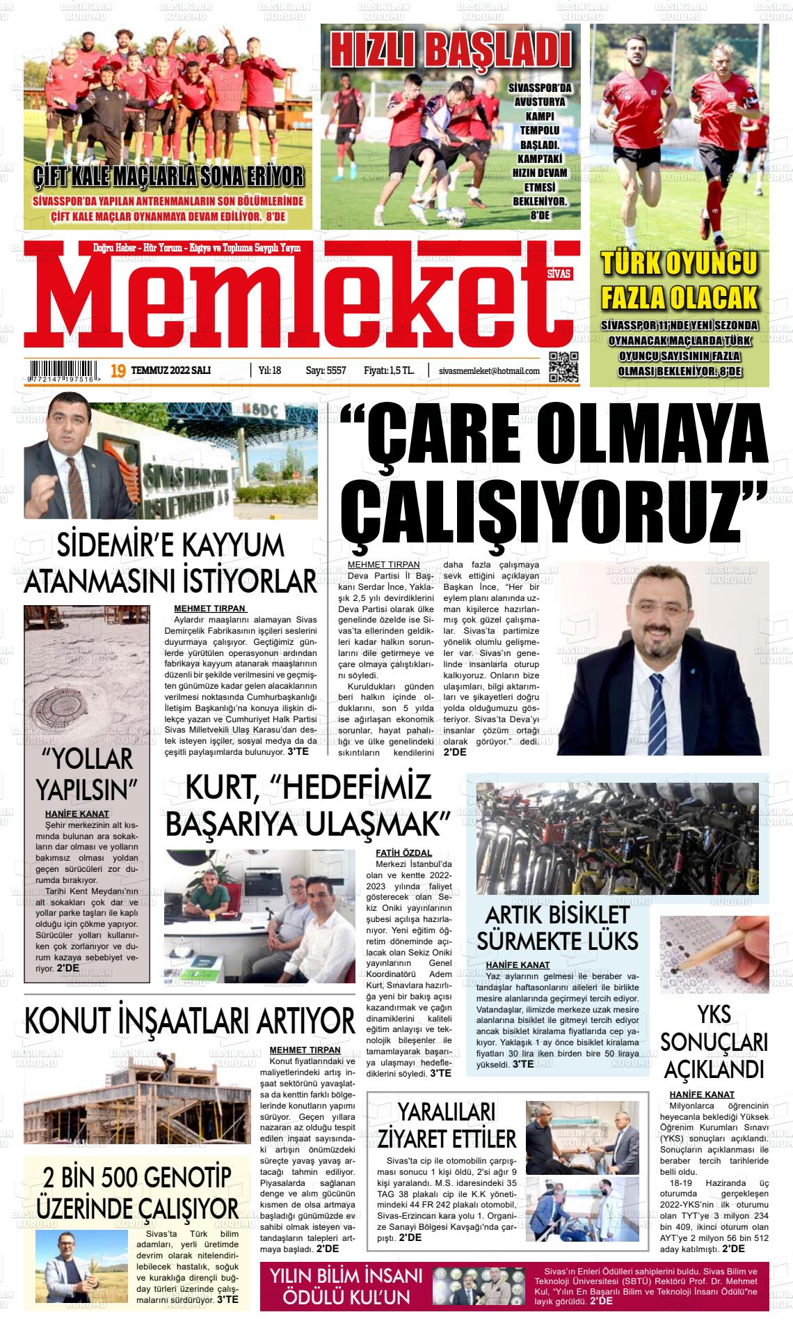 19 Temmuz 2022 Memleket Sivas Gazete Manşeti