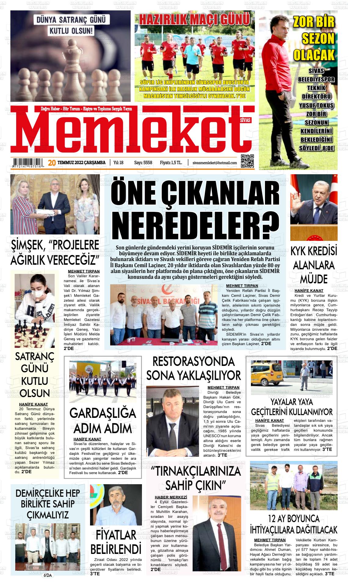 20 Temmuz 2022 Memleket Sivas Gazete Manşeti