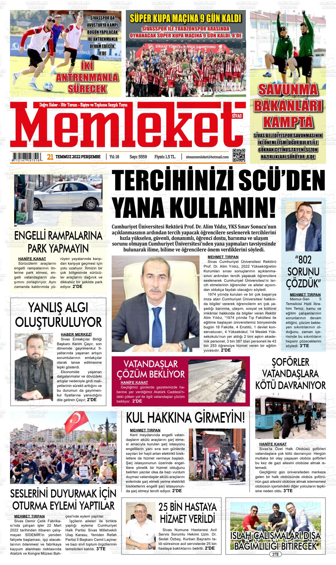 21 Temmuz 2022 Memleket Sivas Gazete Manşeti