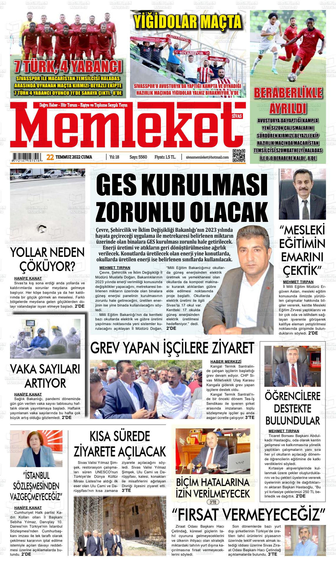 22 Temmuz 2022 Memleket Sivas Gazete Manşeti