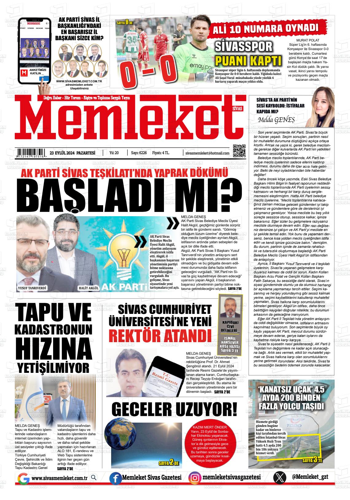 23 Eylül 2024 Memleket Sivas Gazete Manşeti