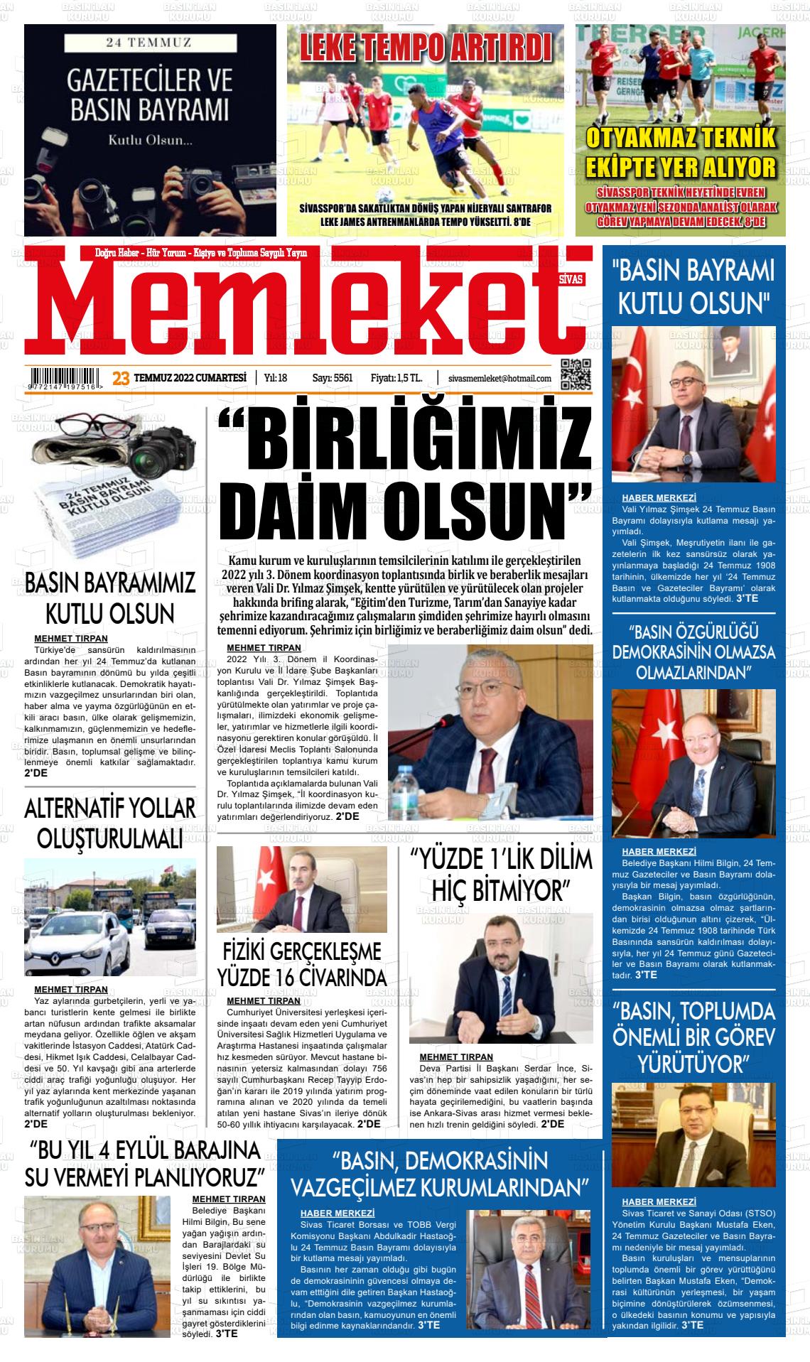 23 Temmuz 2022 Memleket Sivas Gazete Manşeti