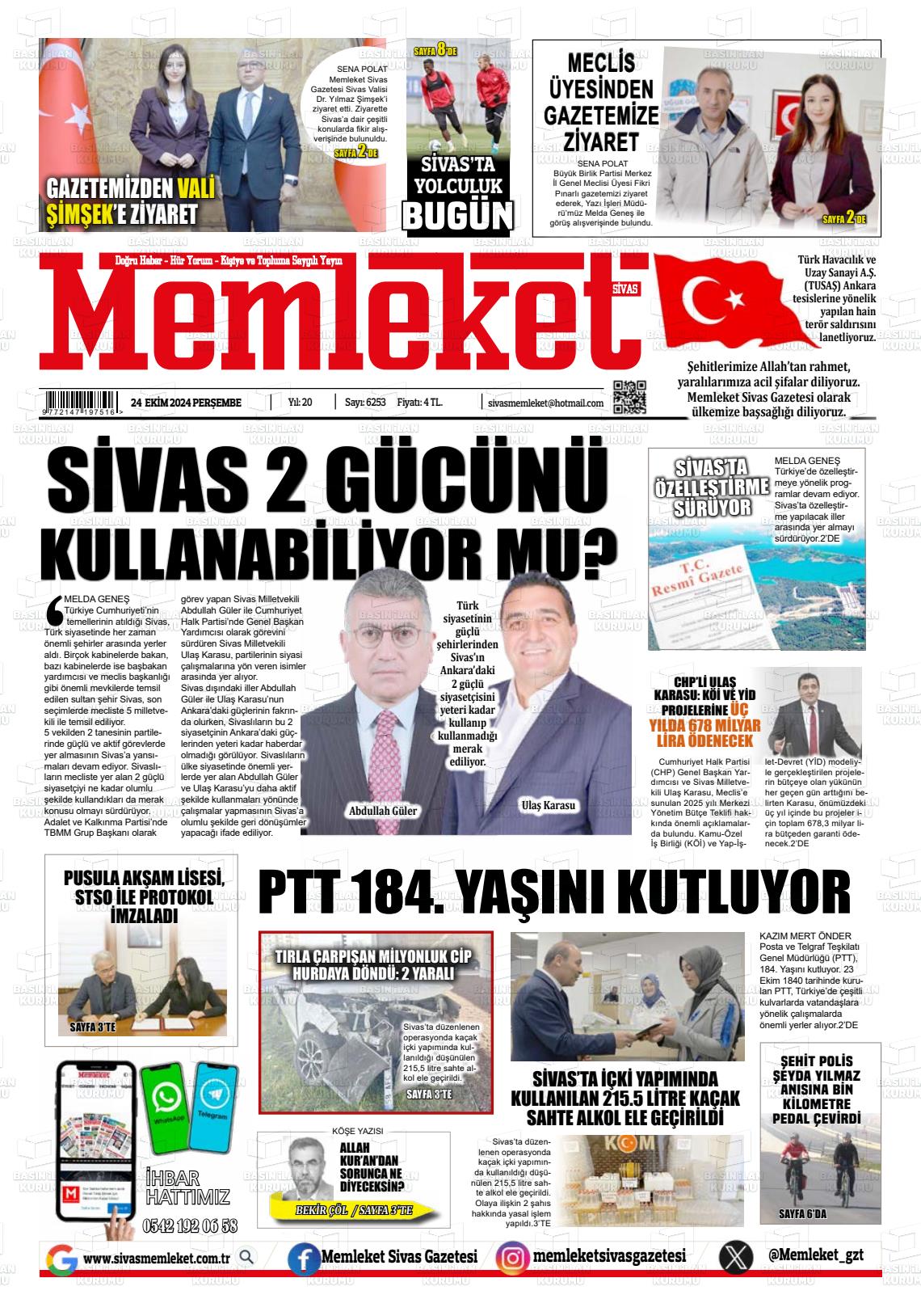 24 Ekim 2024 Memleket Sivas Gazete Manşeti