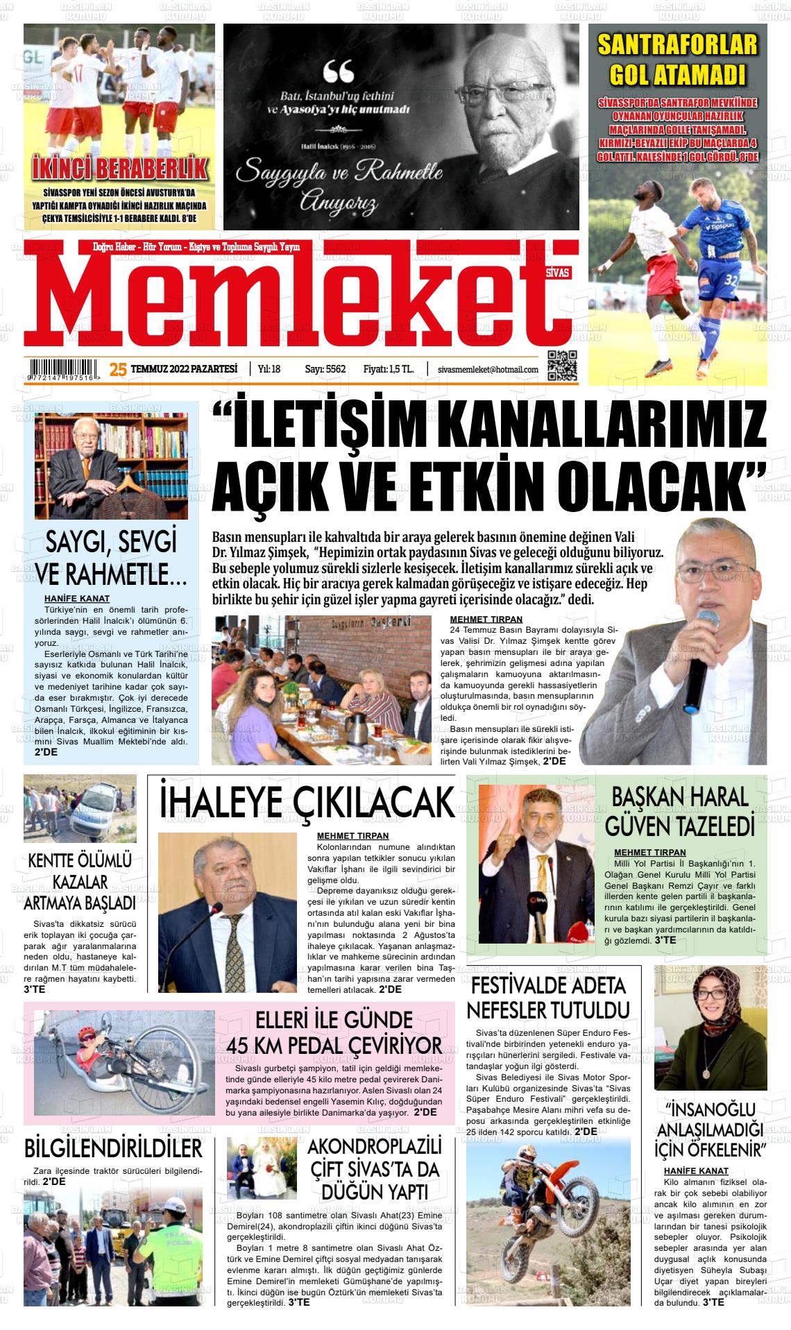 25 Temmuz 2022 Memleket Sivas Gazete Manşeti