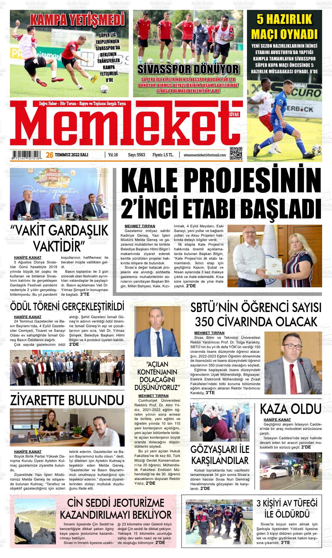 26 Temmuz 2022 Memleket Sivas Gazete Manşeti