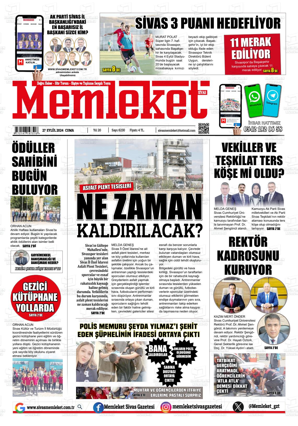 27 Eylül 2024 Memleket Sivas Gazete Manşeti