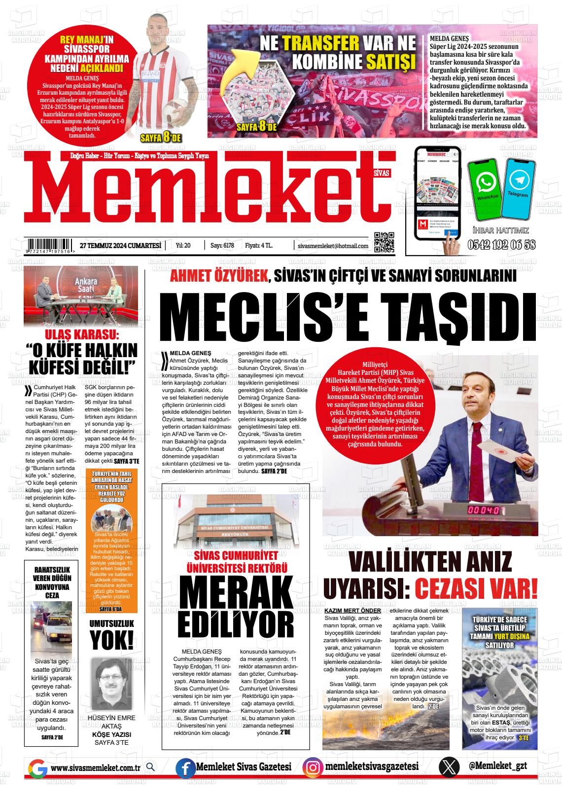 27 Temmuz 2024 Memleket Sivas Gazete Manşeti