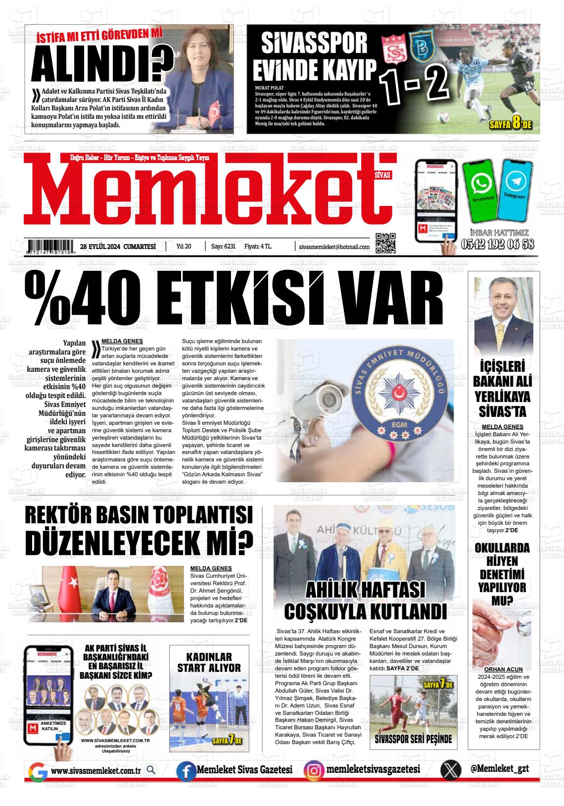 28 Eylül 2024 Memleket Sivas Gazete Manşeti