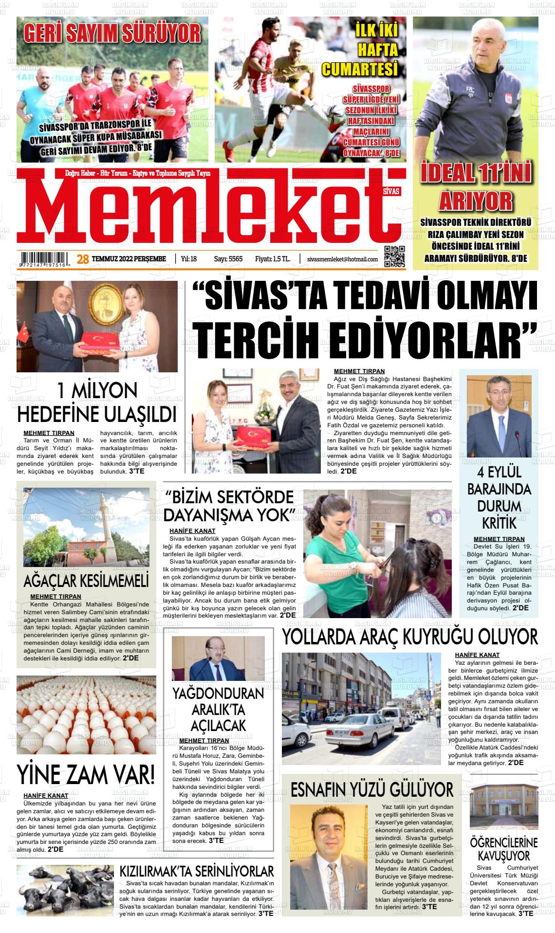 28 Temmuz 2022 Memleket Sivas Gazete Manşeti