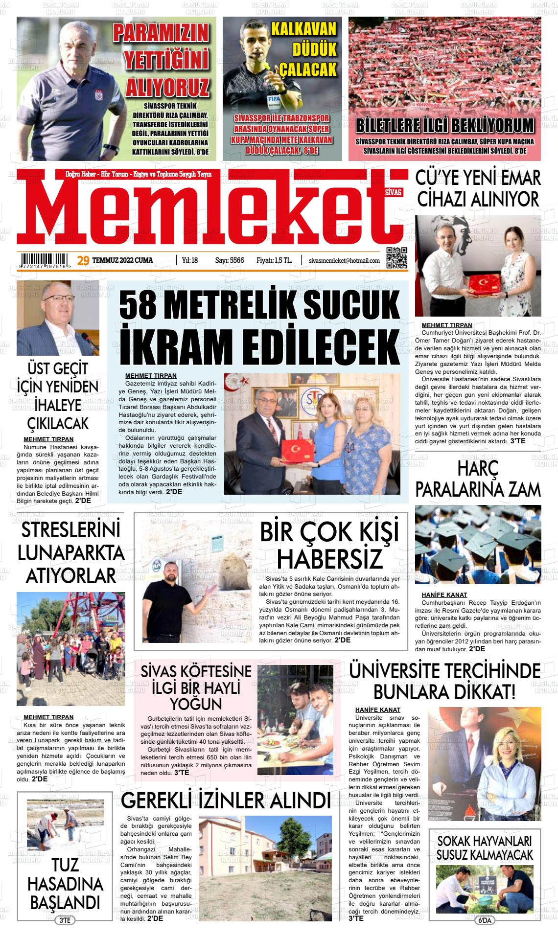 29 Temmuz 2022 Memleket Sivas Gazete Manşeti